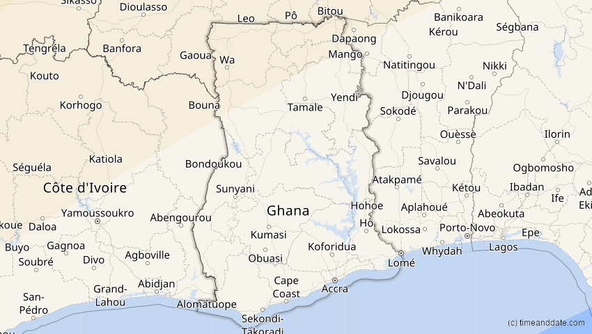 A map of Ghana, showing the path of the 26. Jan 2028 Ringförmige Sonnenfinsternis