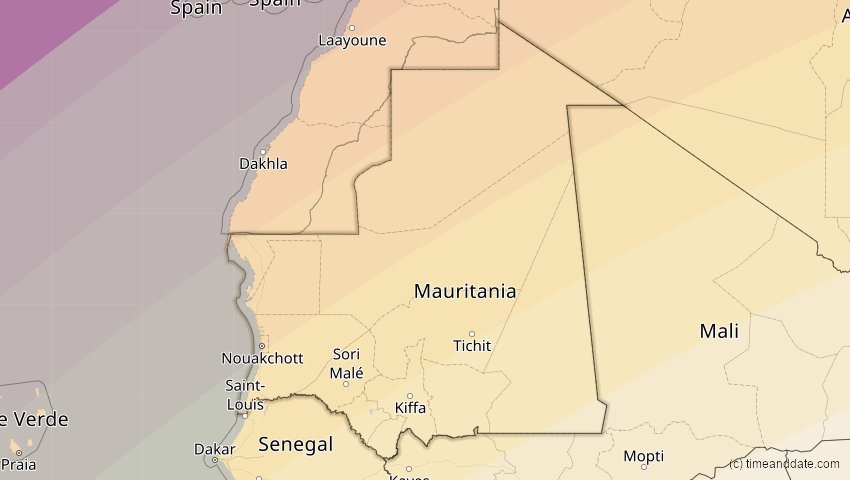 A map of Mauritania, showing the path of the Jan 26, 2028 Annular Solar Eclipse