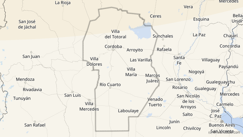 A map of Córdoba, Argentina, showing the path of the Jan 26, 2028 Annular Solar Eclipse