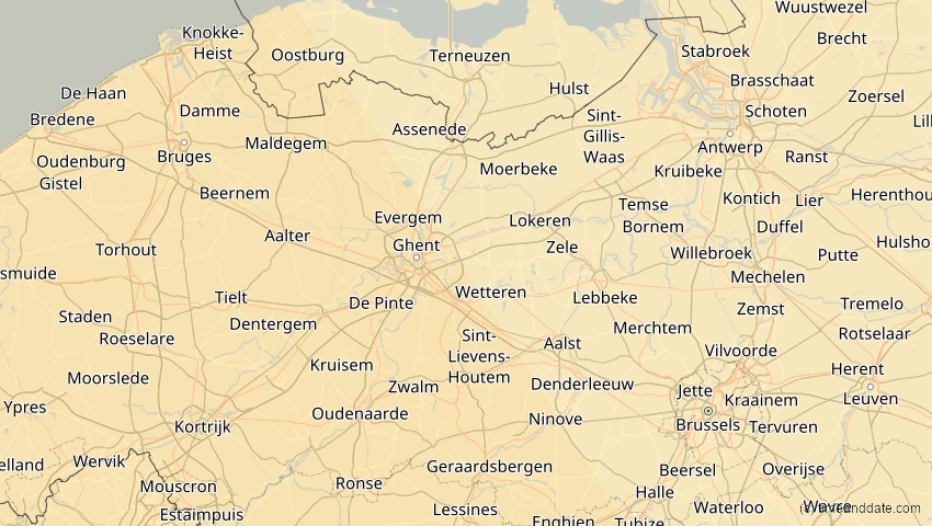 A map of East Flanders, Belgium, showing the path of the Jan 26, 2028 Annular Solar Eclipse