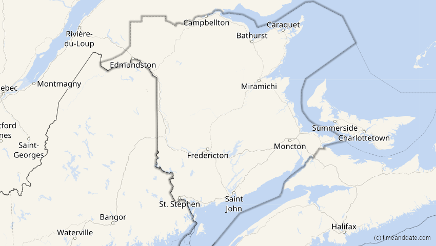A map of New Brunswick, Canada, showing the path of the Jan 26, 2028 Annular Solar Eclipse