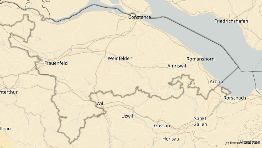 A map of Thurgau, Switzerland, showing the path of the Jan 26, 2028 Annular Solar Eclipse