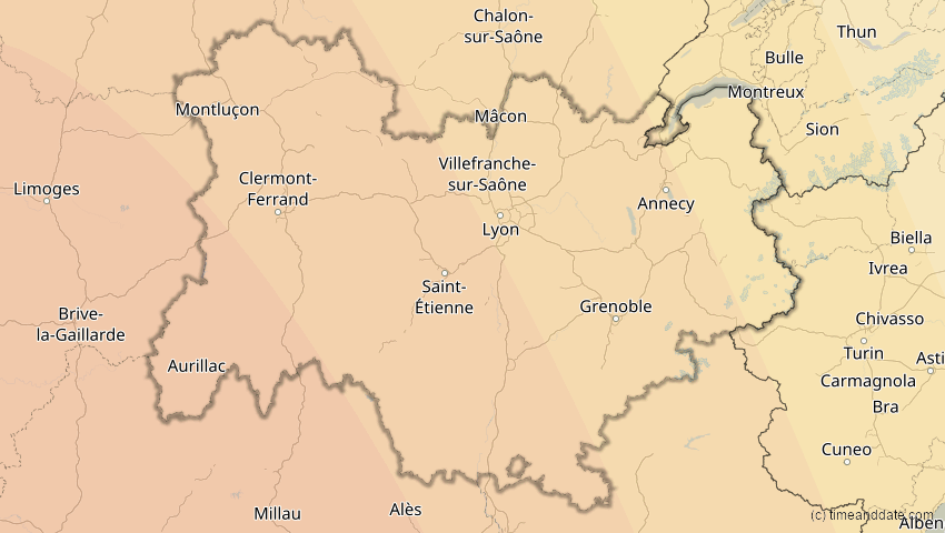 A map of Auvergne-Rhône-Alpes, France, showing the path of the Jan 26, 2028 Annular Solar Eclipse