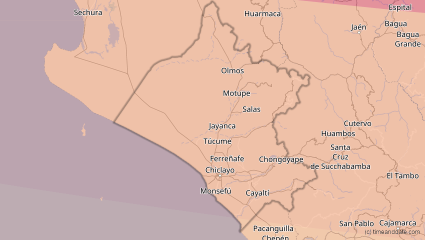 A map of Lambayeque, Peru, showing the path of the Jan 26, 2028 Annular Solar Eclipse