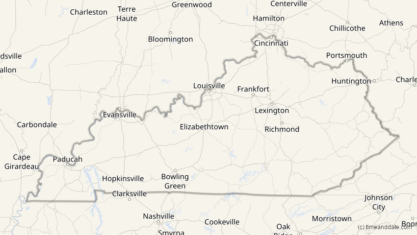 A map of Kentucky, United States, showing the path of the Jan 26, 2028 Annular Solar Eclipse