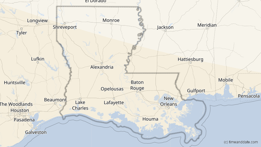 A map of Louisiana, United States, showing the path of the Jan 26, 2028 Annular Solar Eclipse
