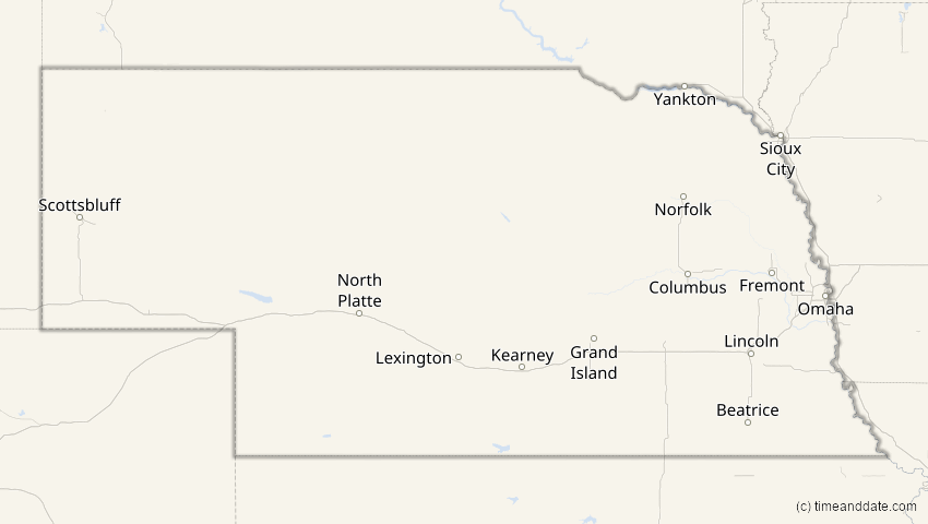 A map of Nebraska, United States, showing the path of the Jan 26, 2028 Annular Solar Eclipse