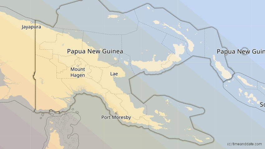 A map of Papua-Neuguinea, showing the path of the 22. Jul 2028 Totale Sonnenfinsternis