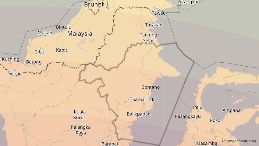 A map of East Kalimantan, Indonesia, showing the path of the Jul 22, 2028 Total Solar Eclipse