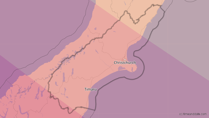 A map of Canterbury, New Zealand, showing the path of the Jul 22, 2028 Total Solar Eclipse