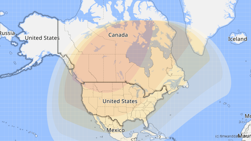 A map of USA, showing the path of the 14. Jan 2029 Partielle Sonnenfinsternis