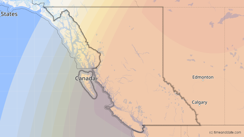A map of British Columbia, Canada, showing the path of the Jan 14, 2029 Partial Solar Eclipse