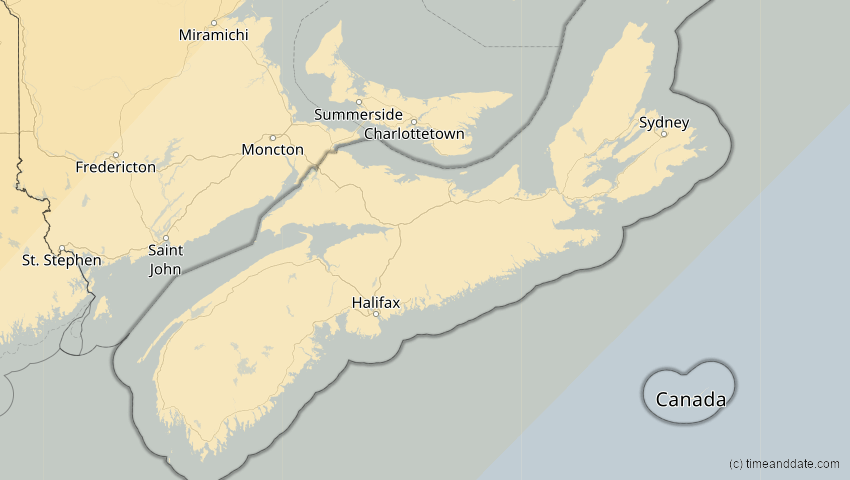 A map of Nova Scotia, Canada, showing the path of the Jan 14, 2029 Partial Solar Eclipse