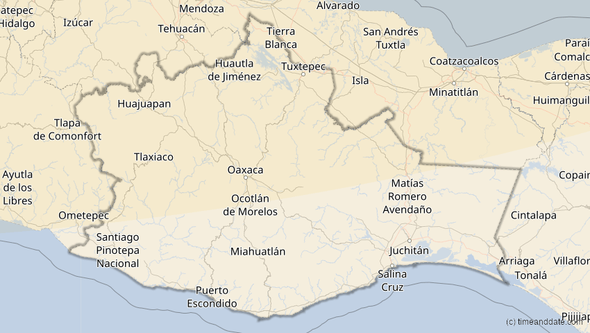 A map of Oaxaca, Mexico, showing the path of the Jan 14, 2029 Partial Solar Eclipse
