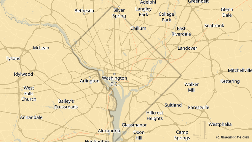 A map of District of Columbia, USA, showing the path of the 14. Jan 2029 Partielle Sonnenfinsternis