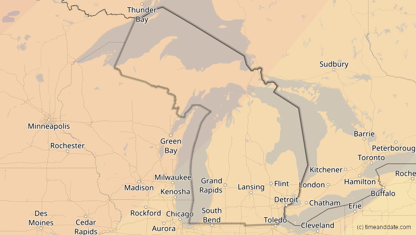 A map of Michigan, USA, showing the path of the 14. Jan 2029 Partielle Sonnenfinsternis