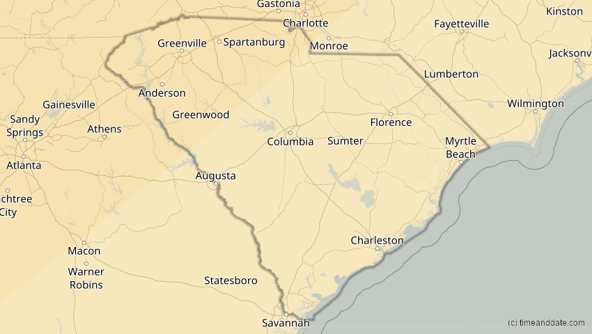 A map of South Carolina, United States, showing the path of the Jan 14, 2029 Partial Solar Eclipse