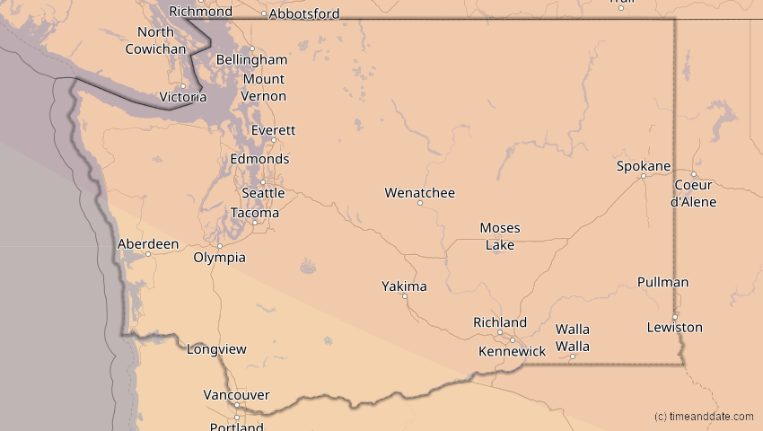 A map of Washington, United States, showing the path of the Jan 14, 2029 Partial Solar Eclipse