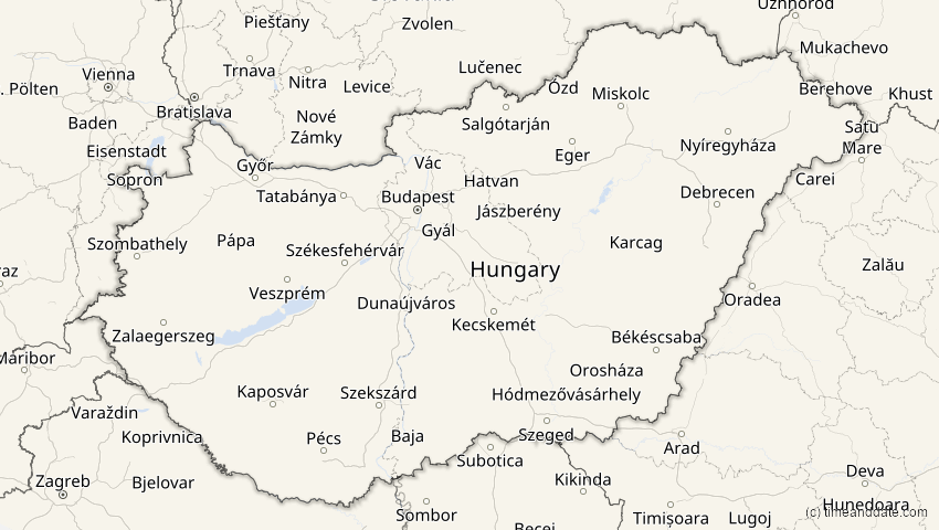 A map of Hungary, showing the path of the Jun 12, 2029 Partial Solar Eclipse