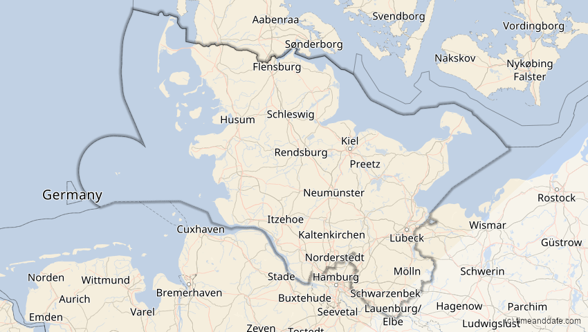 A map of Schleswig-Holstein, Germany, showing the path of the Jun 12, 2029 Partial Solar Eclipse