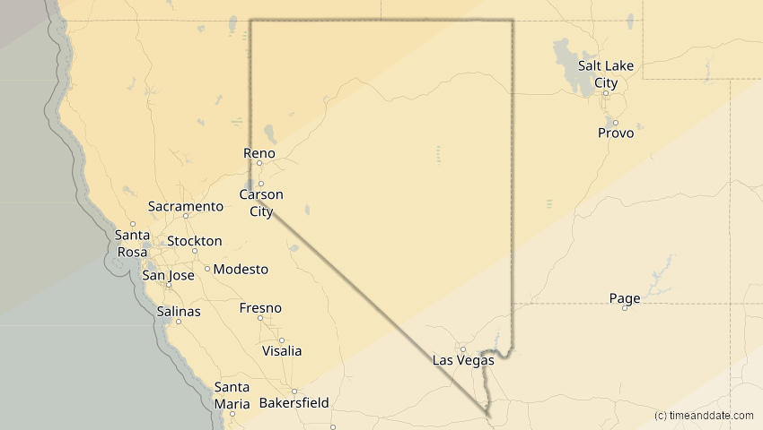 A map of Nevada, USA, showing the path of the 30. Mär 2033 Totale Sonnenfinsternis