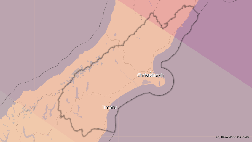 A map of Canterbury, Neuseeland, showing the path of the 13. Jul 2037 Totale Sonnenfinsternis