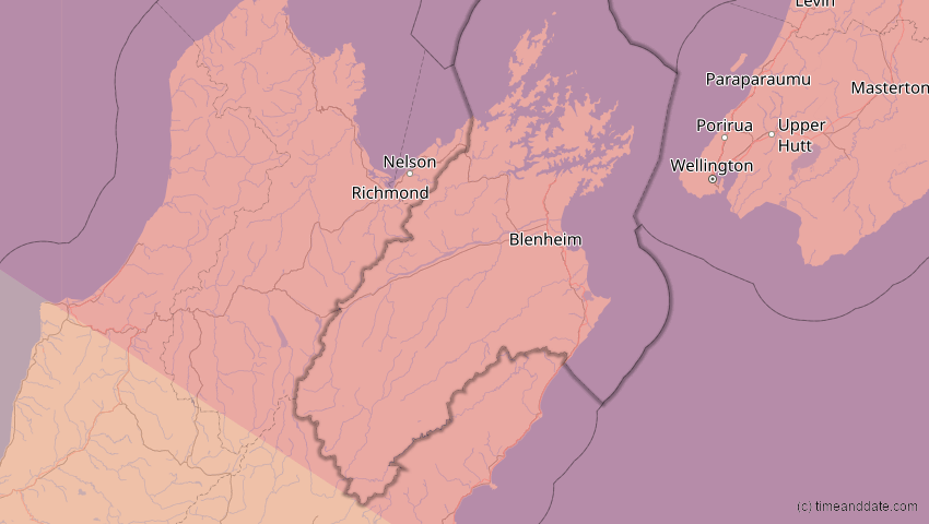 A map of Marlborough, Neuseeland, showing the path of the 13. Jul 2037 Totale Sonnenfinsternis