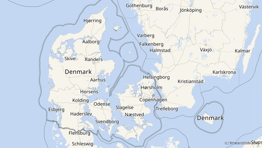 A map of Denmark, showing the path of the Jan 5, 2038 Annular Solar Eclipse