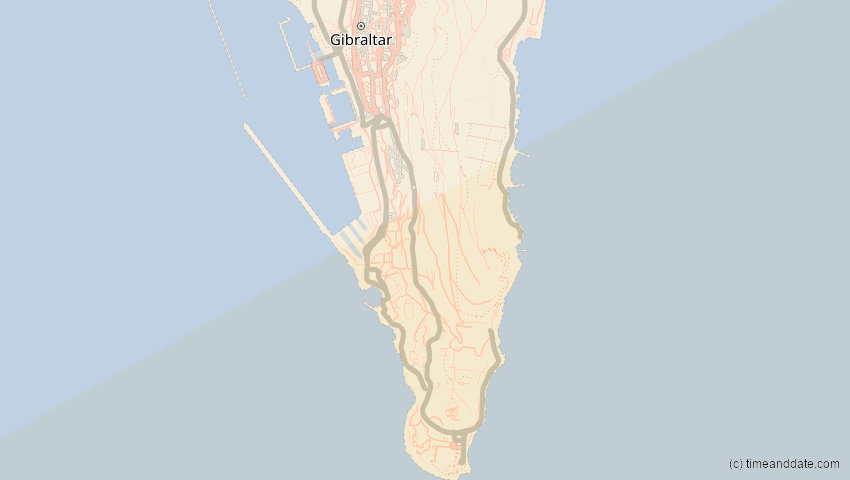 A map of Gibraltar, showing the path of the Jan 5, 2038 Annular Solar Eclipse