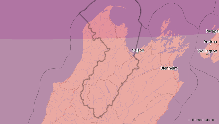 A map of Tasman, Neuseeland, showing the path of the 26. Dez 2038 Totale Sonnenfinsternis