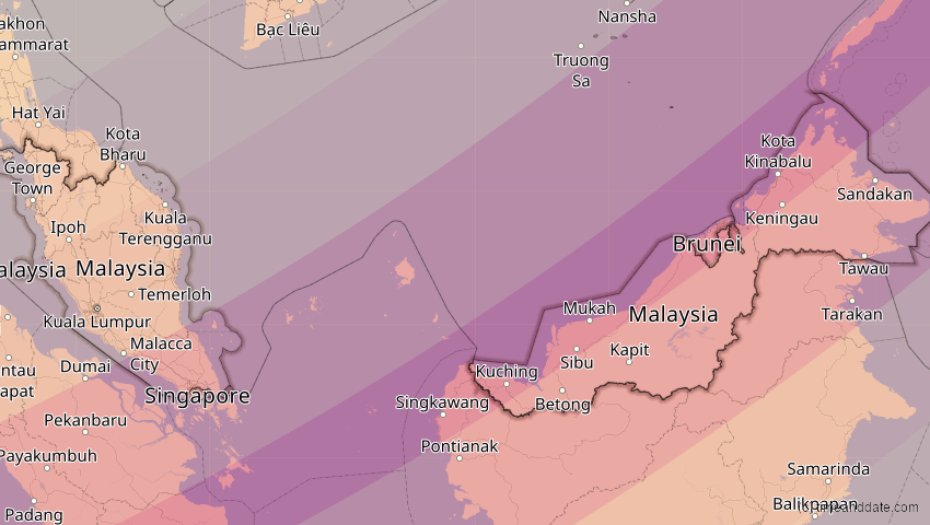 A map of Malaysia, showing the path of the 20. Apr 2042 Totale Sonnenfinsternis