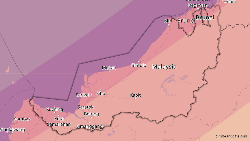 A map of Sarawak, Malaysia, showing the path of the 20. Apr 2042 Totale Sonnenfinsternis