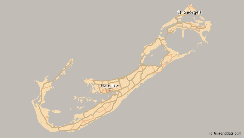 A map of Bermuda, showing the path of the 12. Aug 2045 Totale Sonnenfinsternis