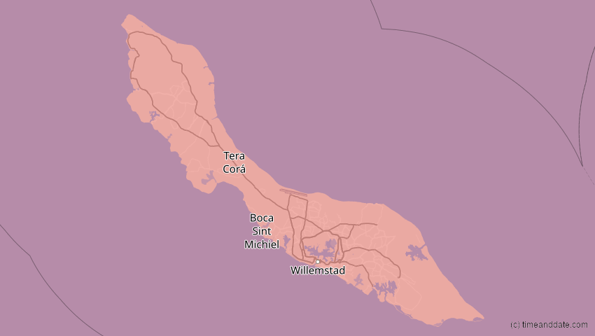 A map of Curaçao, showing the path of the 12. Aug 2045 Totale Sonnenfinsternis