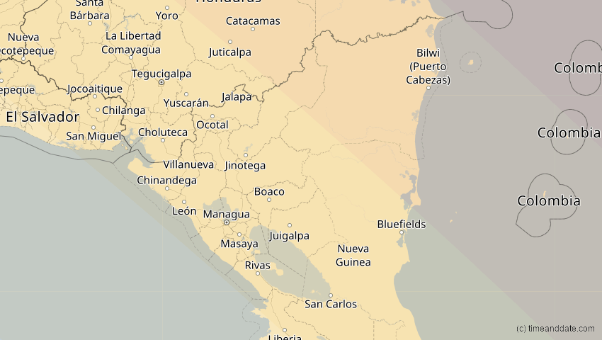 A map of Nicaragua, showing the path of the 12. Aug 2045 Totale Sonnenfinsternis