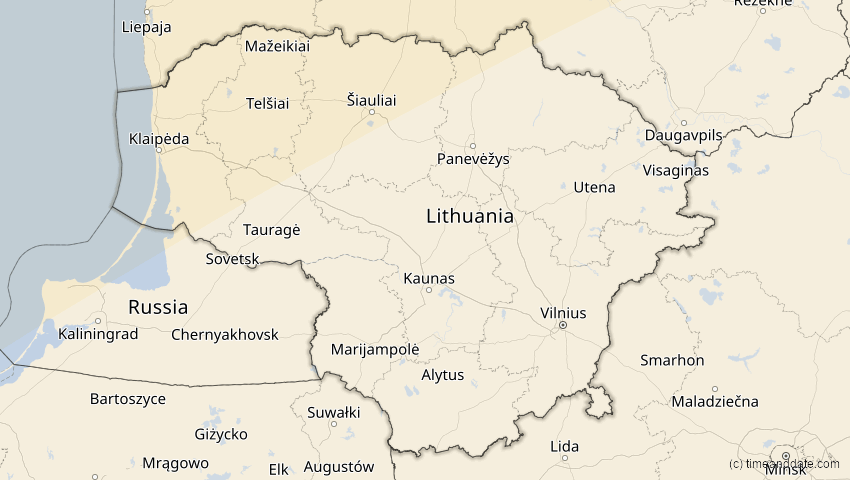 A map of Lithuania, showing the path of the May 1, 2079 Total Solar Eclipse