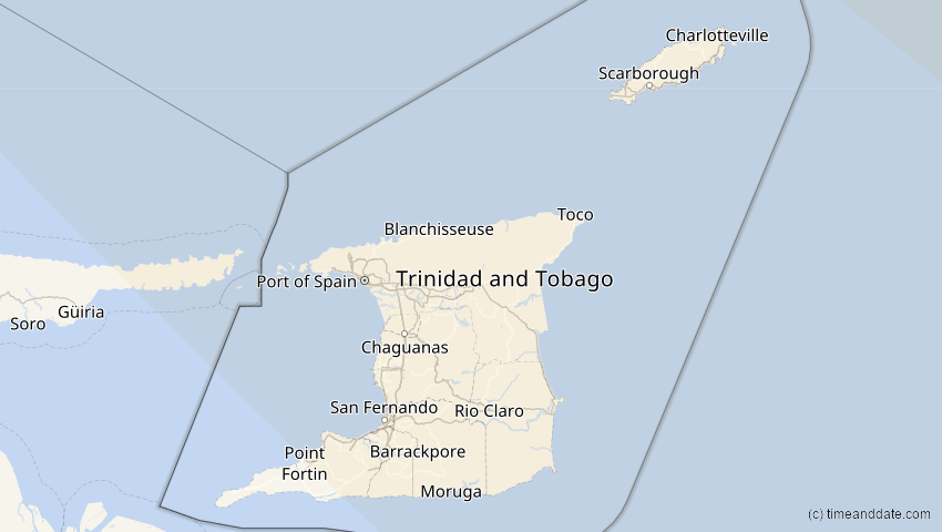 A map of Trinidad and Tobago, showing the path of the May 1, 2079 Total Solar Eclipse