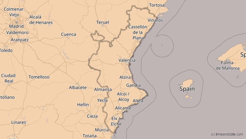 A map of Valencia, Spania, showing the path of the 13. sep 2080 Delvis solformørkelse