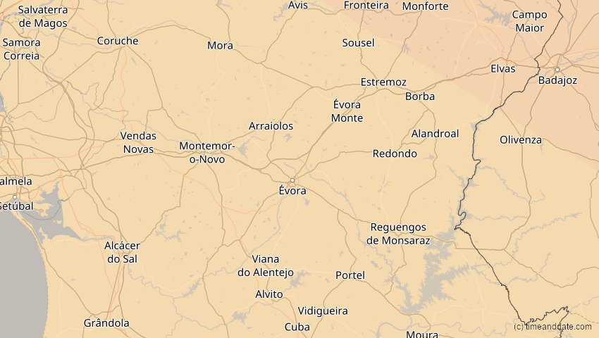 A map of Évora, Portugal, showing the path of the 13. sep 2080 Delvis solformørkelse