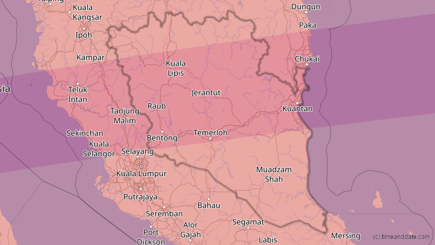 A map of Pahang, Malaysia, showing the path of the 24. Aug 2082 Totale Sonnenfinsternis