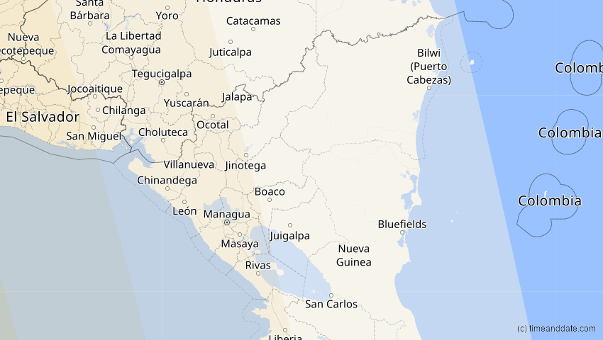 A map of Nicaragua, showing the path of the 21. Mär 2099 Ringförmige Sonnenfinsternis