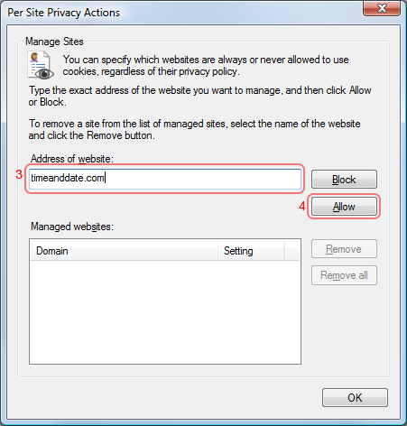 Internet Explorer Cookies - Allow timeanddate.com