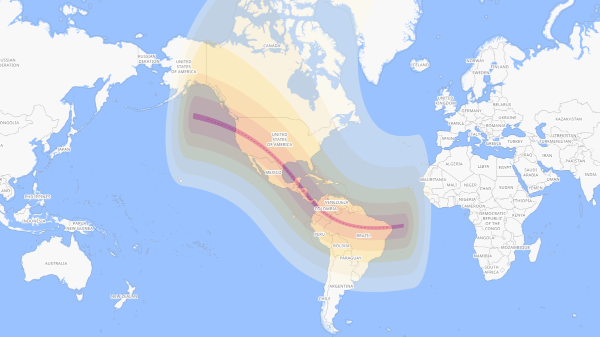Map showing the eclipse path of annularity and the centre line of the annular solar eclipse on October 14, 2023 annular solar eclipse over North and South America.