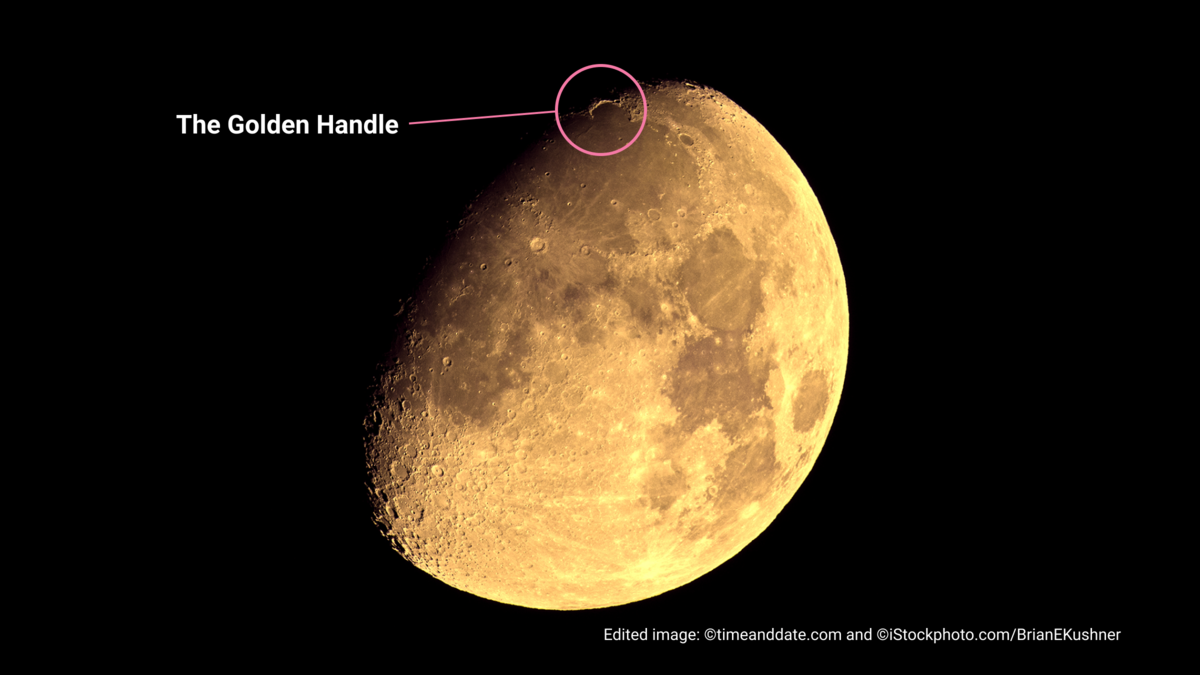 Edited image of the Waxing Gibbous Moon with a ringed area on the terminator titled "The Golden Handle".