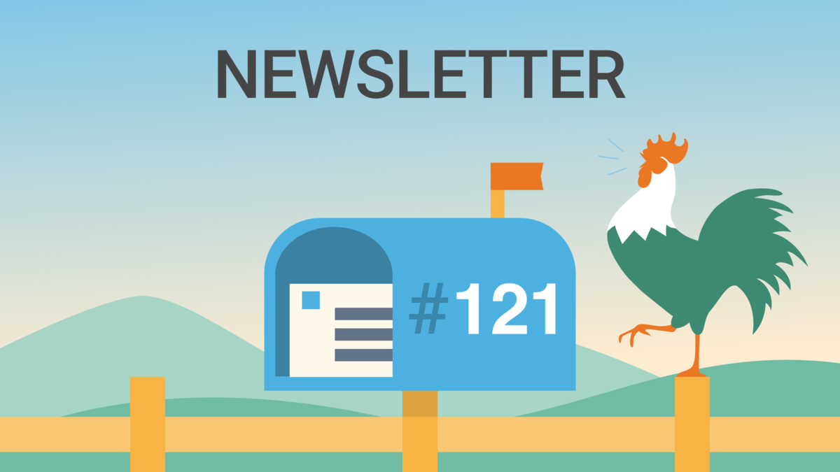 Illustration of a letterbox with the number 121 on it and a rooster on a fence and the wording "Newsletter" on the top.
