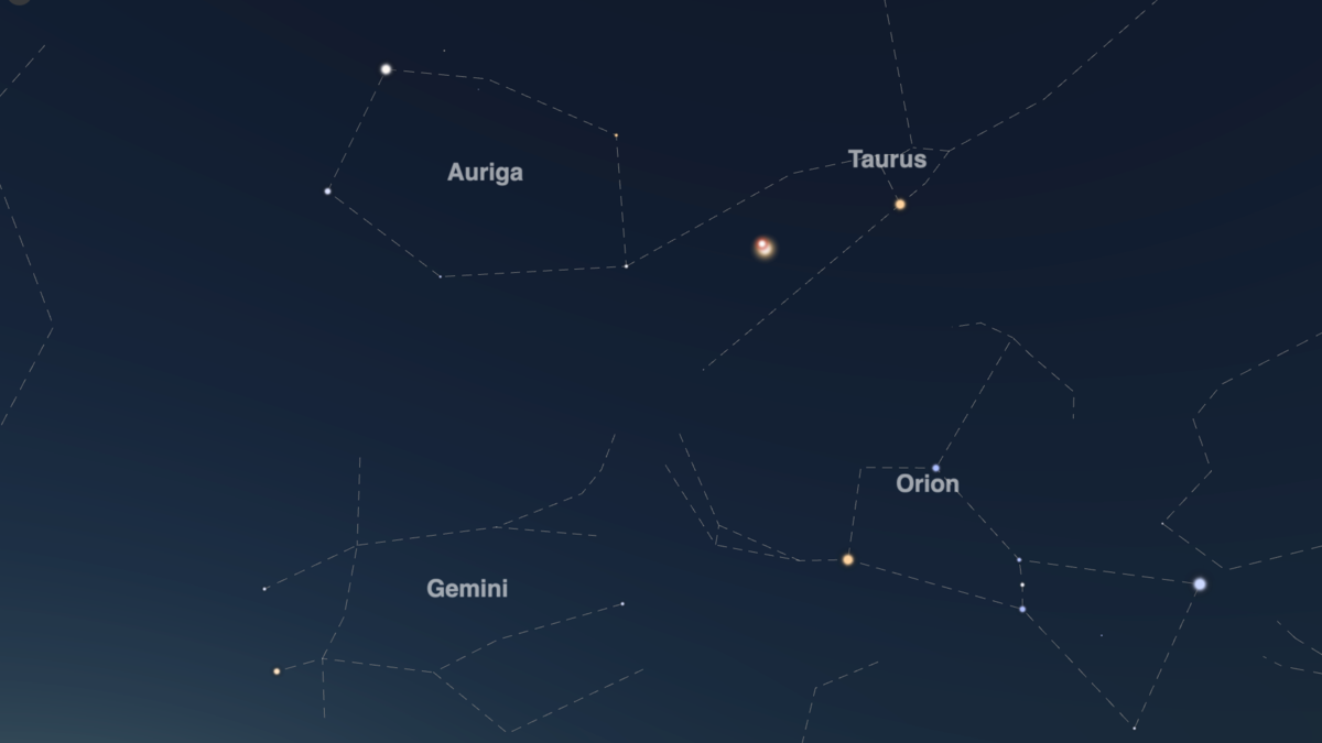 Night Sky Map view of Jupiter-Mars conjunction; as seen from New York on August 14, 2024, at 05:30 local time. (Sizes of Jupiter and Mars have been exaggerated.)