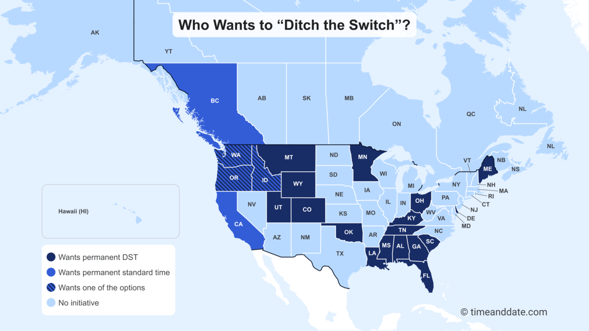 US map showing all the states color coded based on who wants standard time, DST, either of these or no initiative.