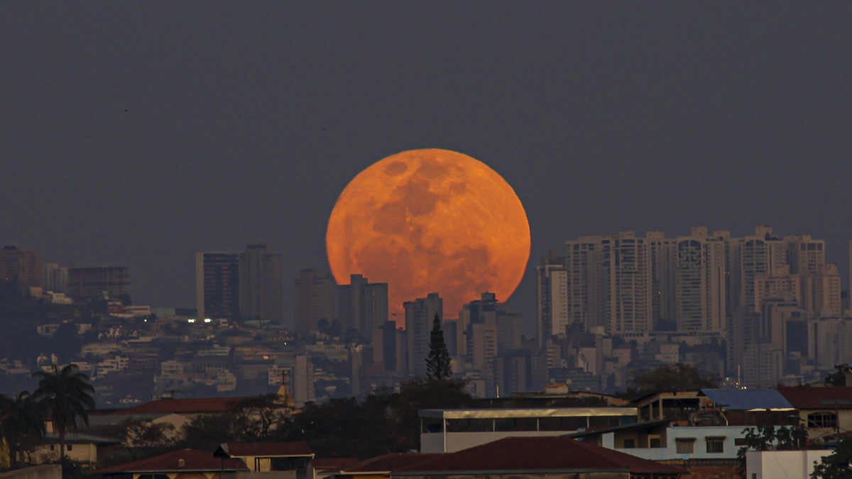 Orange Supermoon rises over a city skyline with tall buildings, dark sky, and foreground rooftops.