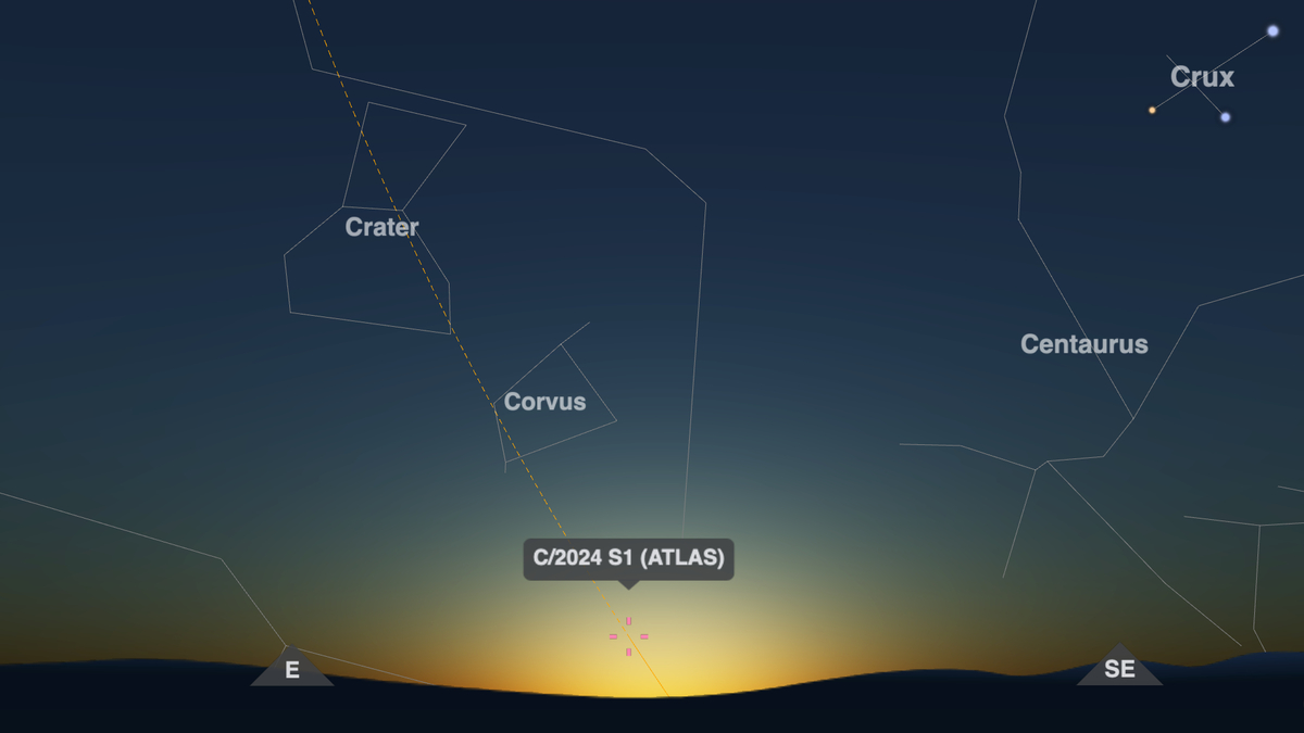 The position of comet C/2024 S1 (ATLAS) is shown on timeanddate.com’s Night Sky Map for Sydney, Australia, at 05:30 (5:30 am) local time on October 26, 2024.