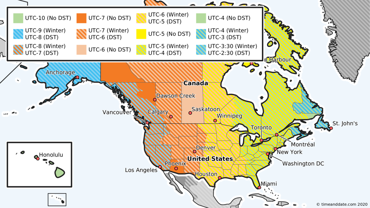 A map of time zones and DST in the US and Canada.